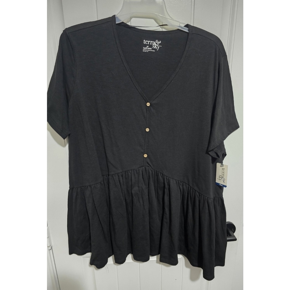 Terra & Sky New Plus Size Black Top 3X Pepkum Style 24w 26w